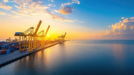 Obraz premium A shipping port with idle cranes and trapped cargo containers, symbolizing a trade restriction and port lockdown