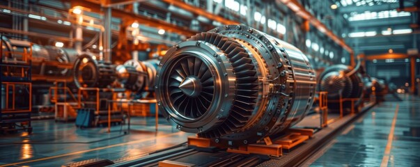 Obraz premium Aerospace factory close-up robotic welders and precision tools assembling jet engines ultra-high detail