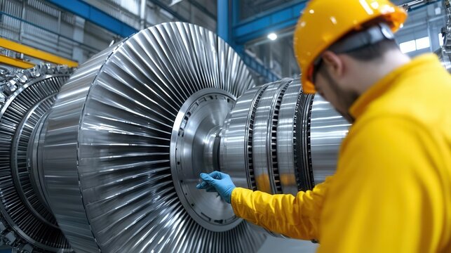 Workers adjusting huge turbines in a hydroelectric power plant, energy production, renewable industry