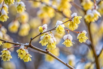Close-Up of Flowering Chinese Winter Hazel Corylopsis Sinensis in Winter Season