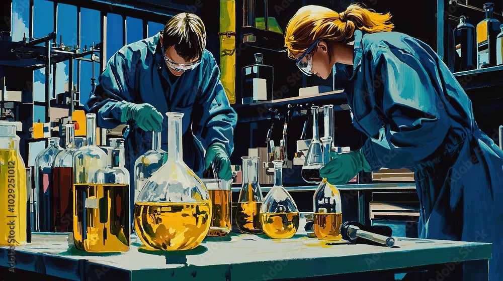 Poster two scientists in lab coats conduct experiments with glassware filled with colorful liquids in a lab