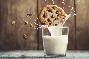 Chocolate cookie falling into glass with white milk