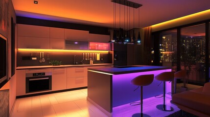 Contemporary kitchen with sleek cabinetry, vibrant lighting, and modern decor accents
