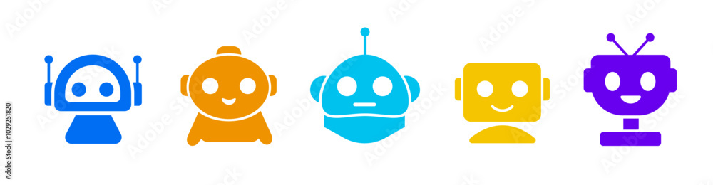 Aufkleber sets of colorful robot smiling face icon. futuristic cute help bots in modern style.