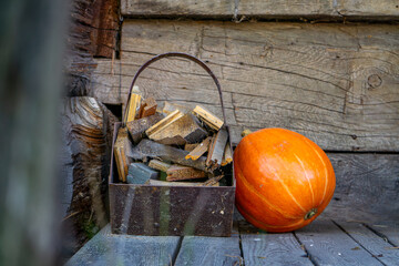 pumpkin farm, pumpkin festival, pumpkin day, fresh vegetables presentation. thanksgiving day. natural autumn decorations. pumpkins standing on a wooden floor in front of a wooden house. Wild West atmo © Adam