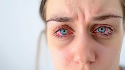 Close-up of a woman's eye with conjunctivitis, showing red, swollen blood vessels.