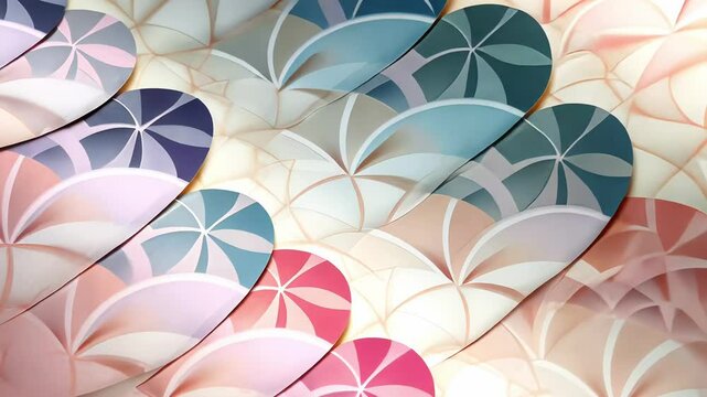 Abstract pastel overlapping shapes with soft geometric patterns in muted tones wavy motion background