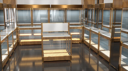 Obraz premium Luxury store interior mockup with glass wood gold display cabinets and showcases. 3d illustration