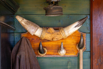 wooden coat hanger with horns. © Adam