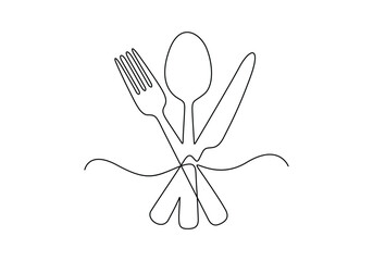 Continuous one line drawing of hand drawn knife, fork and spoon vector illustration