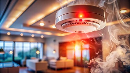 Close-Up of Smoke Detector with Red Light for Emergency Alert in a Modern Home Environment