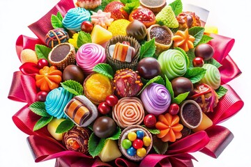 Fototapeta premium Sweet Gift Bouquet of Colorful Candy and Chocolate Treats on White Background