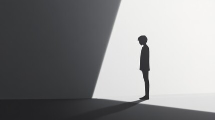 A solitary figure in a stark room reflects deep sadness, creating an atmosphere of introspection and solitude