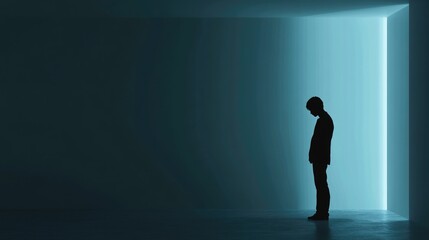 Obraz premium A solitary figure in a dimly lit room expressing profound sadness, lost in contemplation and solitude