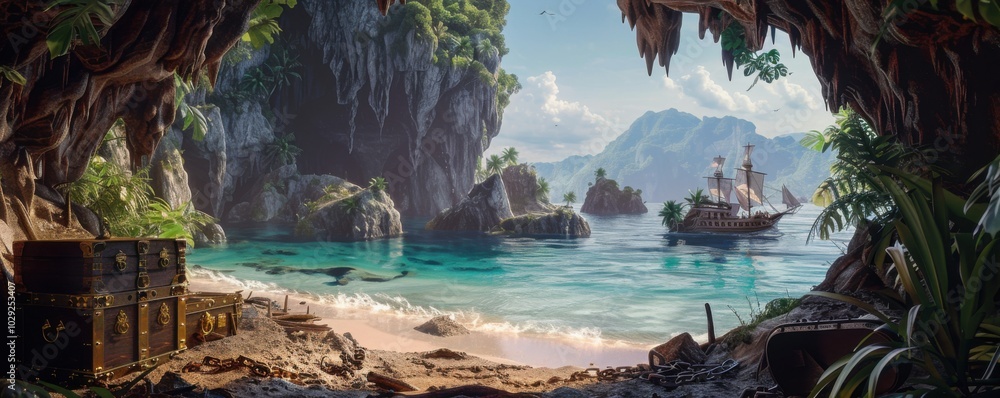 Wall mural Secret cove sheltering ancient pirate treasures, 4K hyperrealistic photo