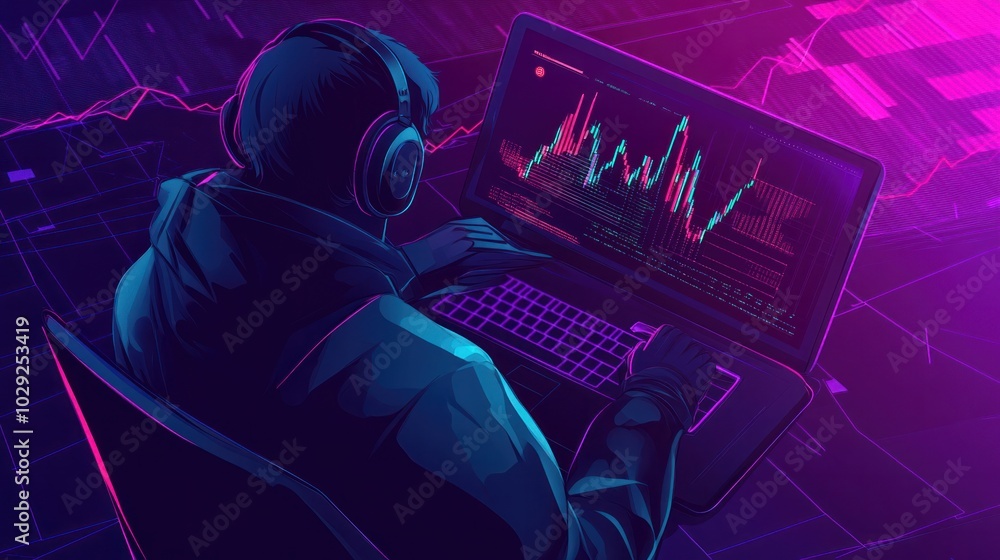 Poster dangerous hacker working on fake investment platforms, using a laptop to commit fraud