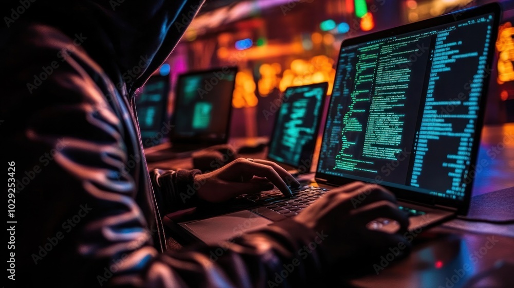 Poster dangerous hacker working on fake investment platforms, using a laptop to commit fraud