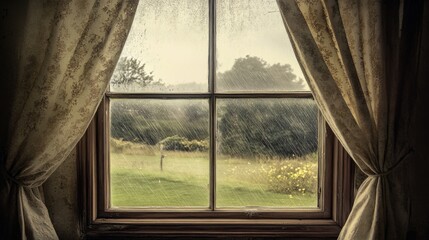 Fototapeta premium A tranquil view of a rainy day from an old living room window with curtains fluttering in the gentle breeze