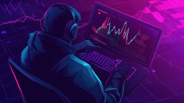 Dangerous hacker working on fake investment platforms, using a laptop to commit fraud
