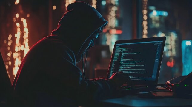 Dangerous hacker working on fake investment platforms, using a laptop to commit fraud