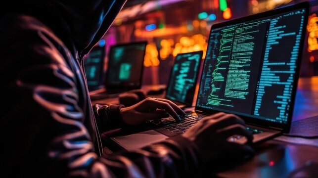 Dangerous hacker working on fake investment platforms, using a laptop to commit fraud