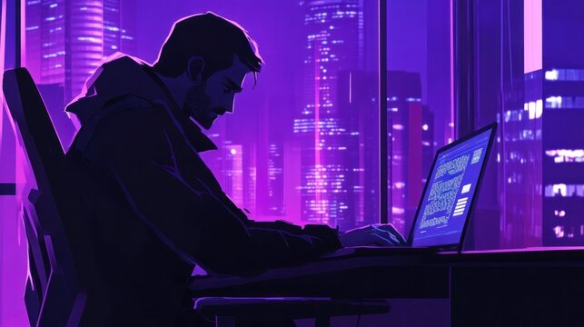Dangerous hacker working on fake investment platforms, using a laptop to commit fraud