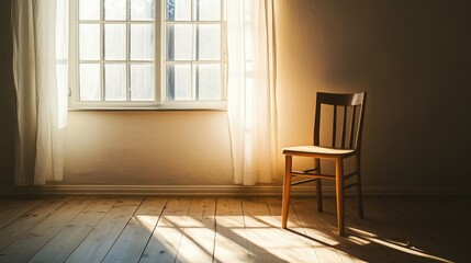 A serene moment captured as a single chair sits in a sunlit room, evoking solitude and quiet reflection on a tranquil day