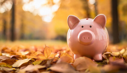 Pink piggy bank sits among golden autumn leaves in park. Fall season. Money saving concept