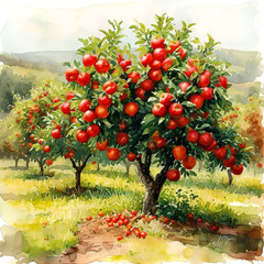 Fototapeta premium Lush apple orchard brimming with vibrant red fruit against a serene landscape backdrop