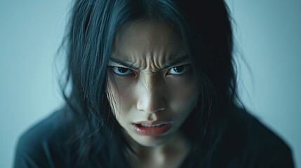 Fototapeta premium Minimalist portrayal of an angry Asian woman against a neutral grey background with subtle lighting highlighting her expression