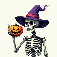 A skeleton holding a pile of Jack-o'-lantern holding a pumpkin. Skeleton and pumpkin Halloween concept illustration for t shirt printing