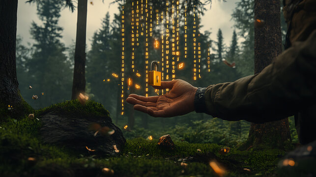 A person's hand hovering over a glowing digital padlock symbolizing secure data, with binary code streaming down in the background. The lock glows brightly, casting light on the hand, with the 