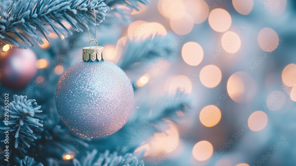 Poster close-up of a christmas tree ornament against a neon background with a bokeh effect.