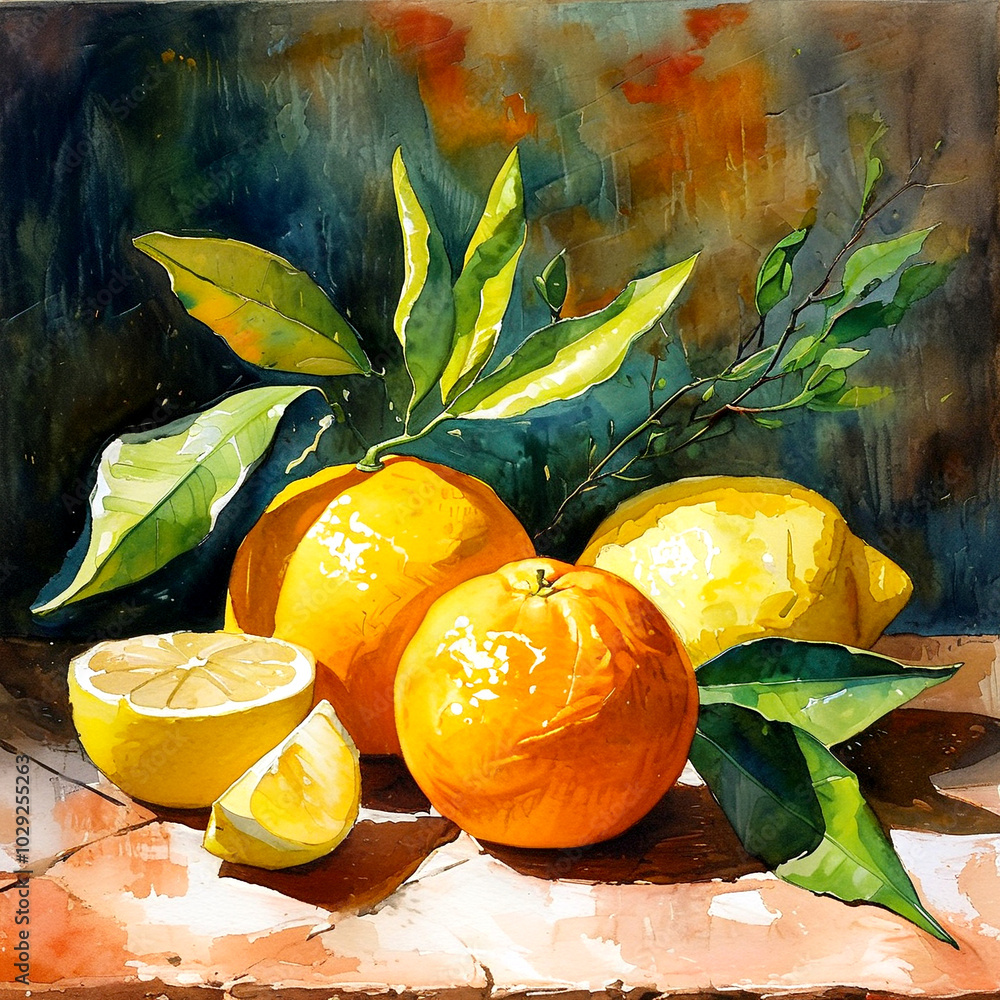 Poster vibrant citrus still life with lemons and oranges on a rustic table setting