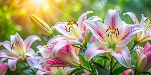 Fototapeta premium Close-Up White Pink Lily in Full Bloom with Bokeh Effect for Garden Decor