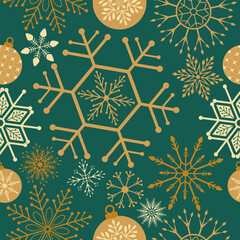 Christmas seamless pattern. Snowflakes,  Christmas ball and ornaments background design for decoration on Christmas card, banner, wrapping, wallpaper, textile, fashion.