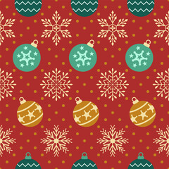 Christmas seamless pattern. Snowflakes,  Christmas ball and ornaments background design for decoration on Christmas card, banner, wrapping, wallpaper, textile, fashion.