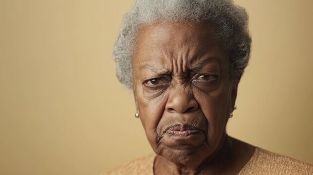 Frustrated elderly black woman with stern expression in minimalistic portrait set against a neutral beige background