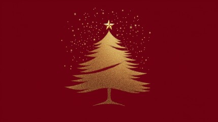 A minimalistic golden Christmas tree design on a deep red background.