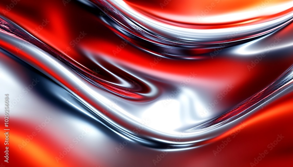 Poster flowing red and silver liquid waves with smooth metallic textures and glossy light reflections futur