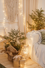 Designer Christmas tree decoration with light decorations. The concept of celebrating New Year and...