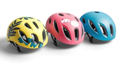 Three colorful children's helmets displayed together, featuring unique designs suitable for biking or skating safety.