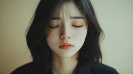 A young woman expresses deep sadness in a minimalist portrait against a soft beige background