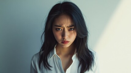 Fototapeta premium Portrait of an angry Asian woman expressing intense emotion against a neutral backdrop with bold shadows and sharp lines