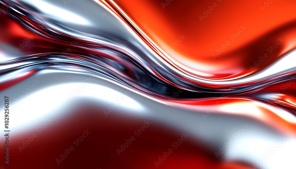 Poster flowing red and silver liquid waves with smooth metallic textures and glossy light reflections futur