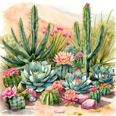 Obraz premium Vibrant desert garden featuring cacti and succulents under a sunny sky
