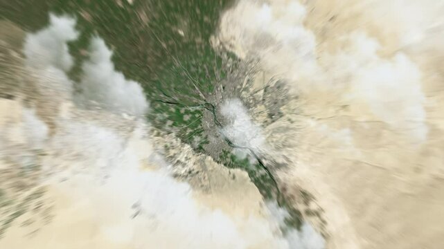Zooming on Cairo, Egypt. Earth zoom in from outer space to city. The animation continues by zoom out through clouds and atmosphere into space. View of the Earth at night. Images from NASA. 4K