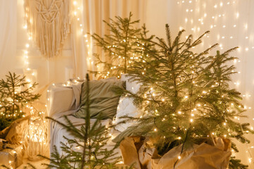 Interior bedrooms in Scandinavian style, decorated for the Christmas holidays. Live ate in the interior.