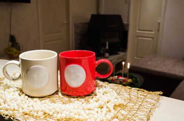 Valentine's day concept, White and red mugs lover on table