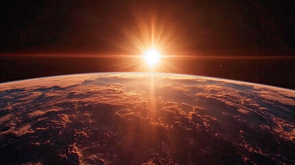 The sun rising over the earth's horizon as seen from space